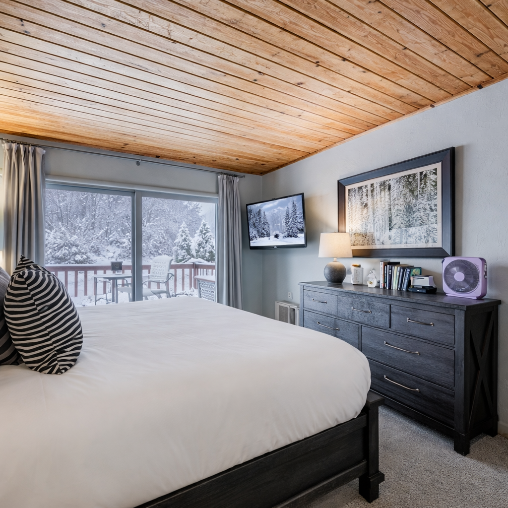 Wake up to pristine winter views from your cozy bedroom, where rustic wood beams meet modern comfort.