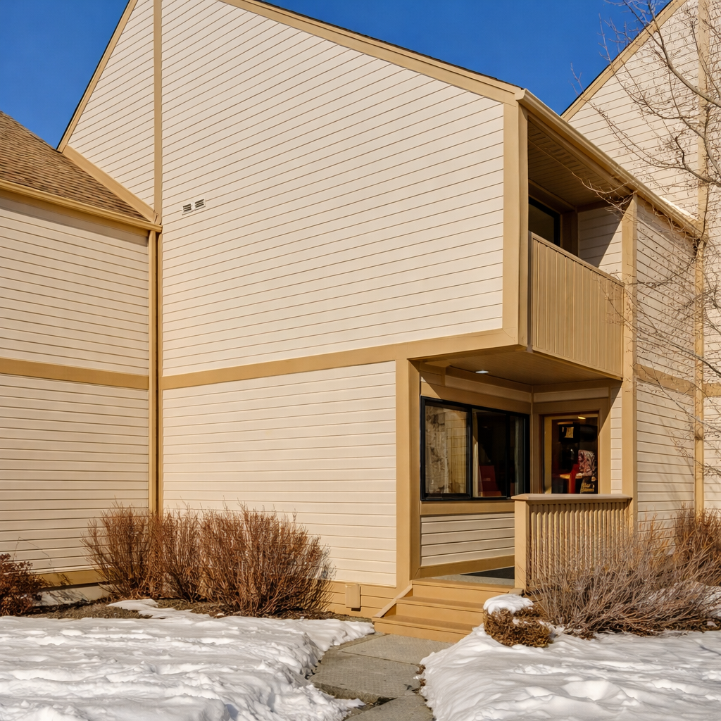 Modern townhouse exterior featuring clean lines and welcoming entrance, surrounded by winter landscaping under clear blue skies.