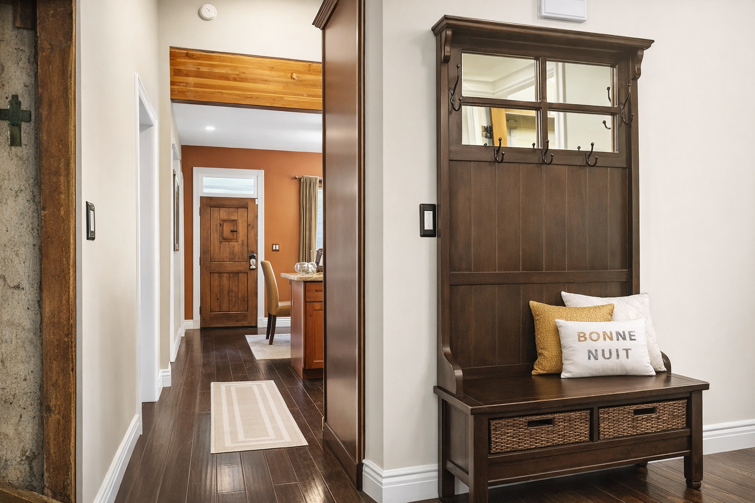 Your stylish entryway welcomes you with warm wood tones, thoughtful storage, and charming French touches that make arrivals feel like homecomings.