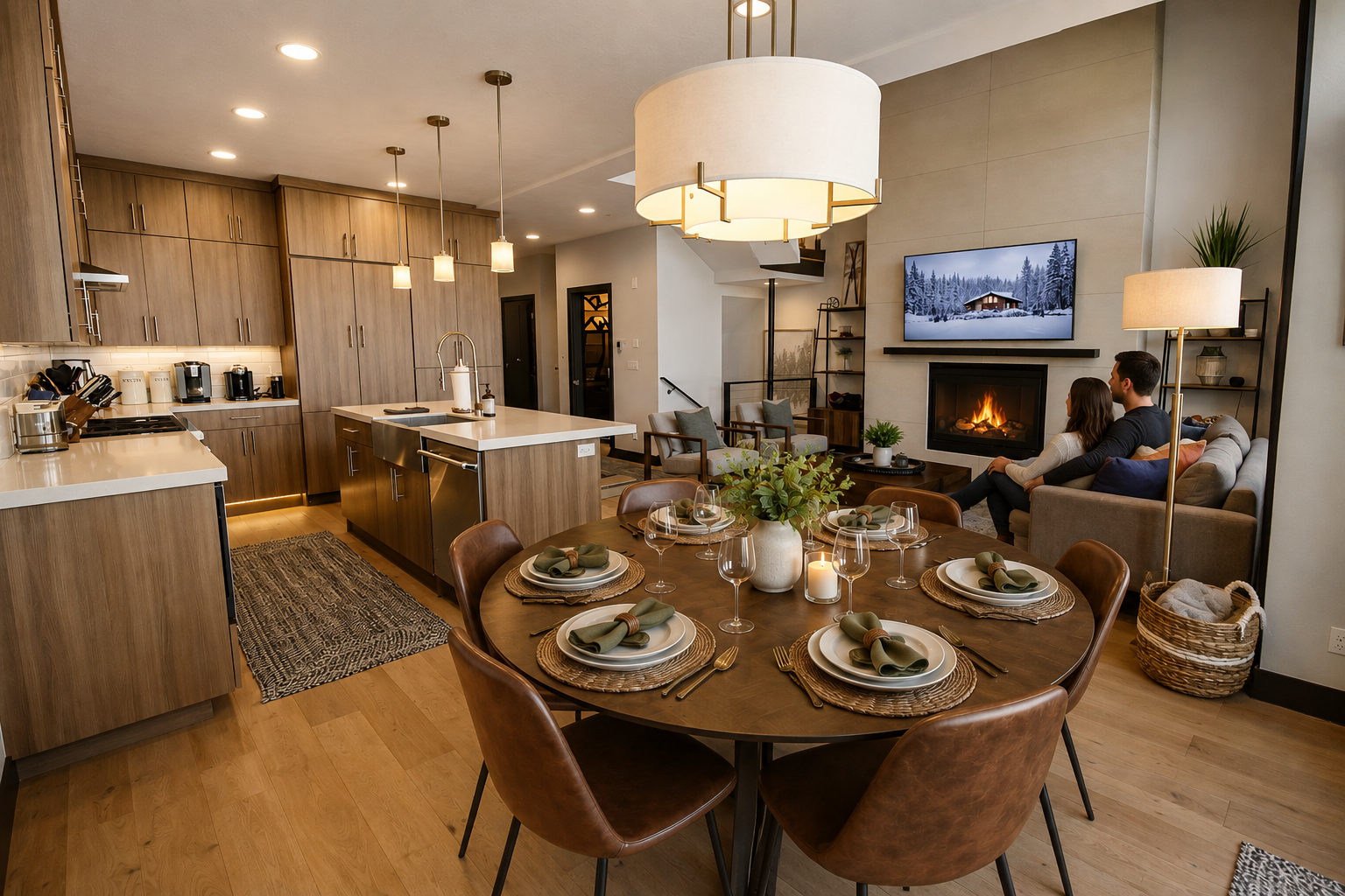 Gather around the dining table, unwind by the fireplace, or prepare favorite meals in your fully equipped kitchen—all in one inviting open-concept space designed for comfort and connection.