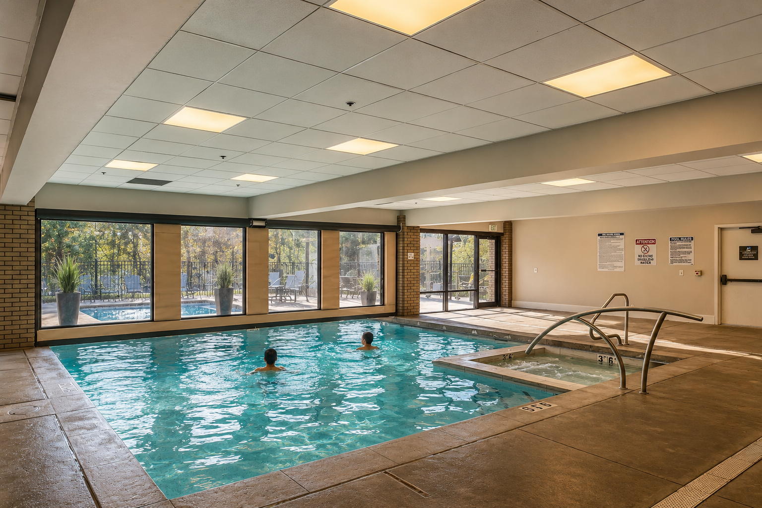 Indoor swimming pool area with a small hot tub, large windows, and overhead fluorescent lighting. Poolside chairs and life safety instructions are visible. The area has a tiled floor and a high ceiling.