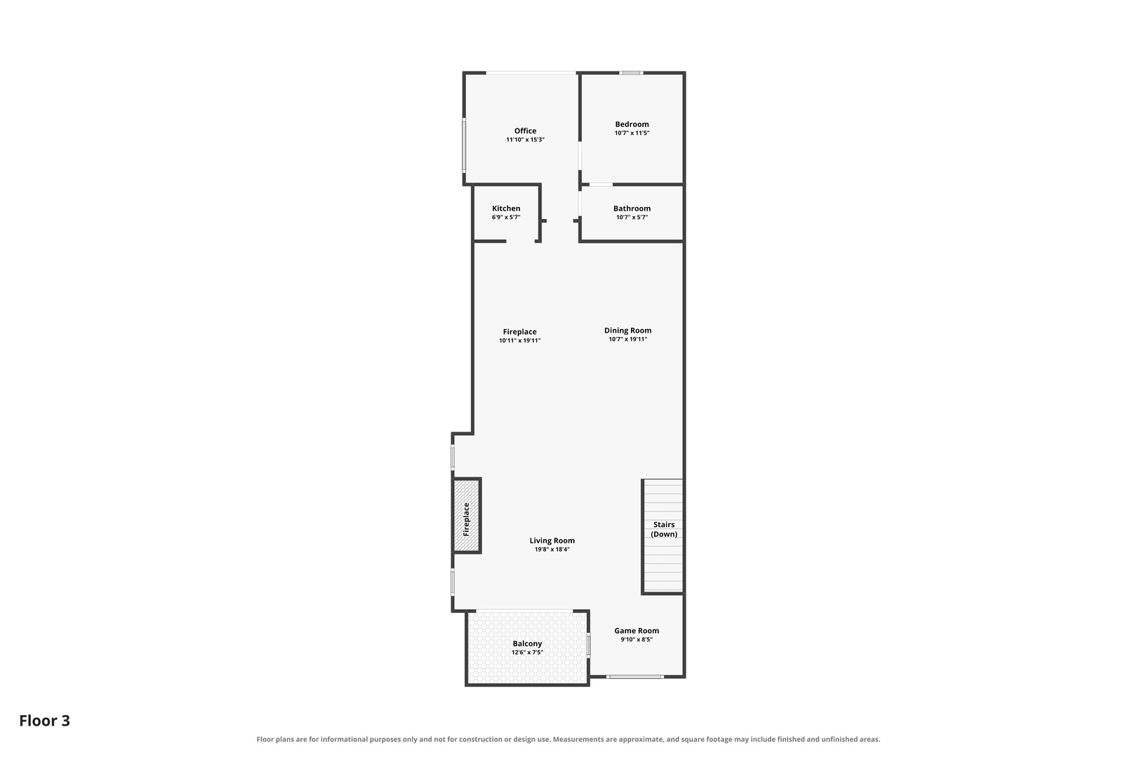 A detailed floor plan showing the spacious layout of this level, complete with dining room, fireplace, game room, and balcony for your enjoyment.