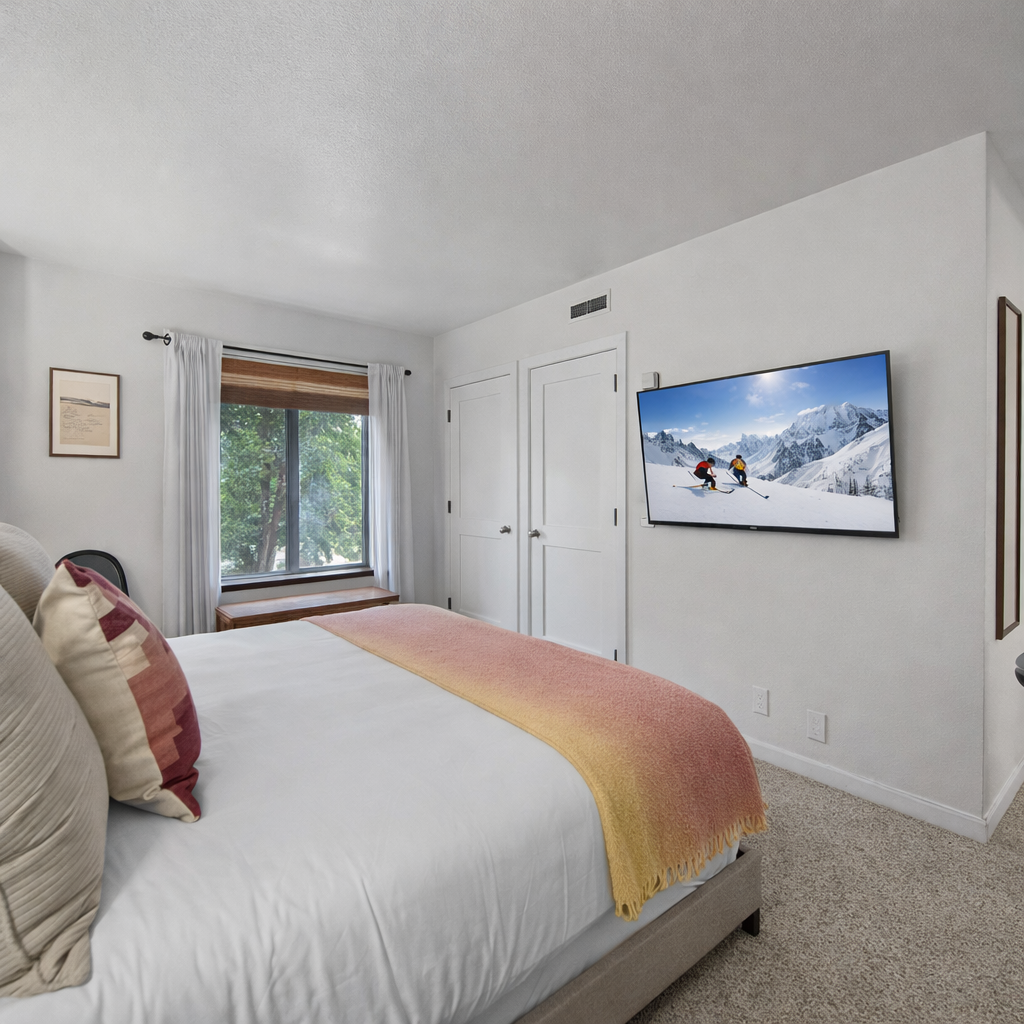 Unwind in your cozy bedroom with plush linens, mountain views on the large TV, and peaceful garden glimpses through your window.