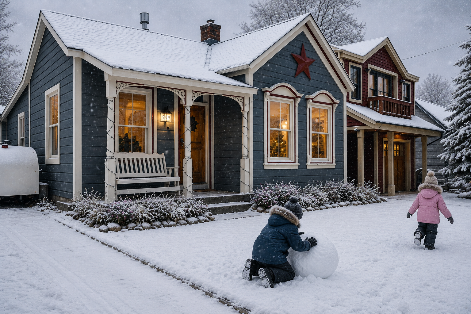 Charming blue cottage with vintage character and decorative star detail creates a welcoming neighborhood retreat.
