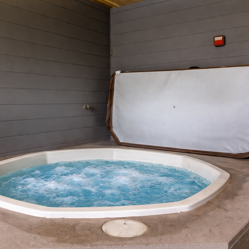 Soak your stress away in this community hot tub, perfectly positioned in your own secluded indoor spa area for ultimate relaxation.