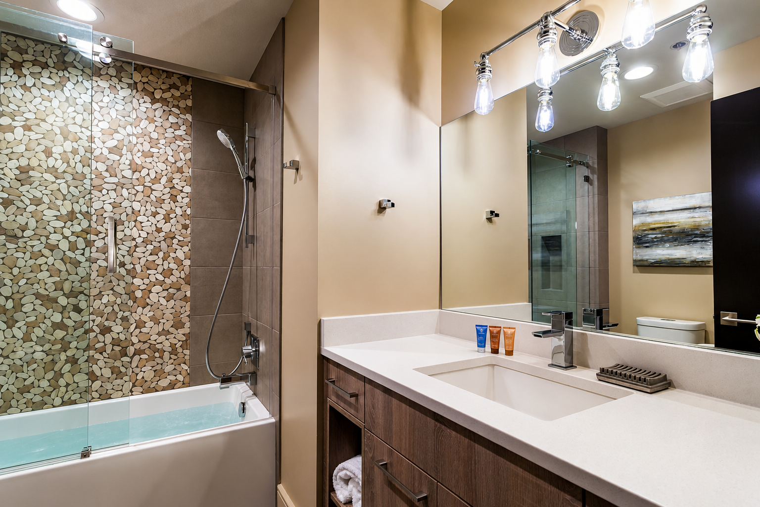 Unwind in your spa-inspired bathroom, where modern elegance meets soothing comfort. The stunning pebble-tiled shower invites relaxation after a day of adventure.