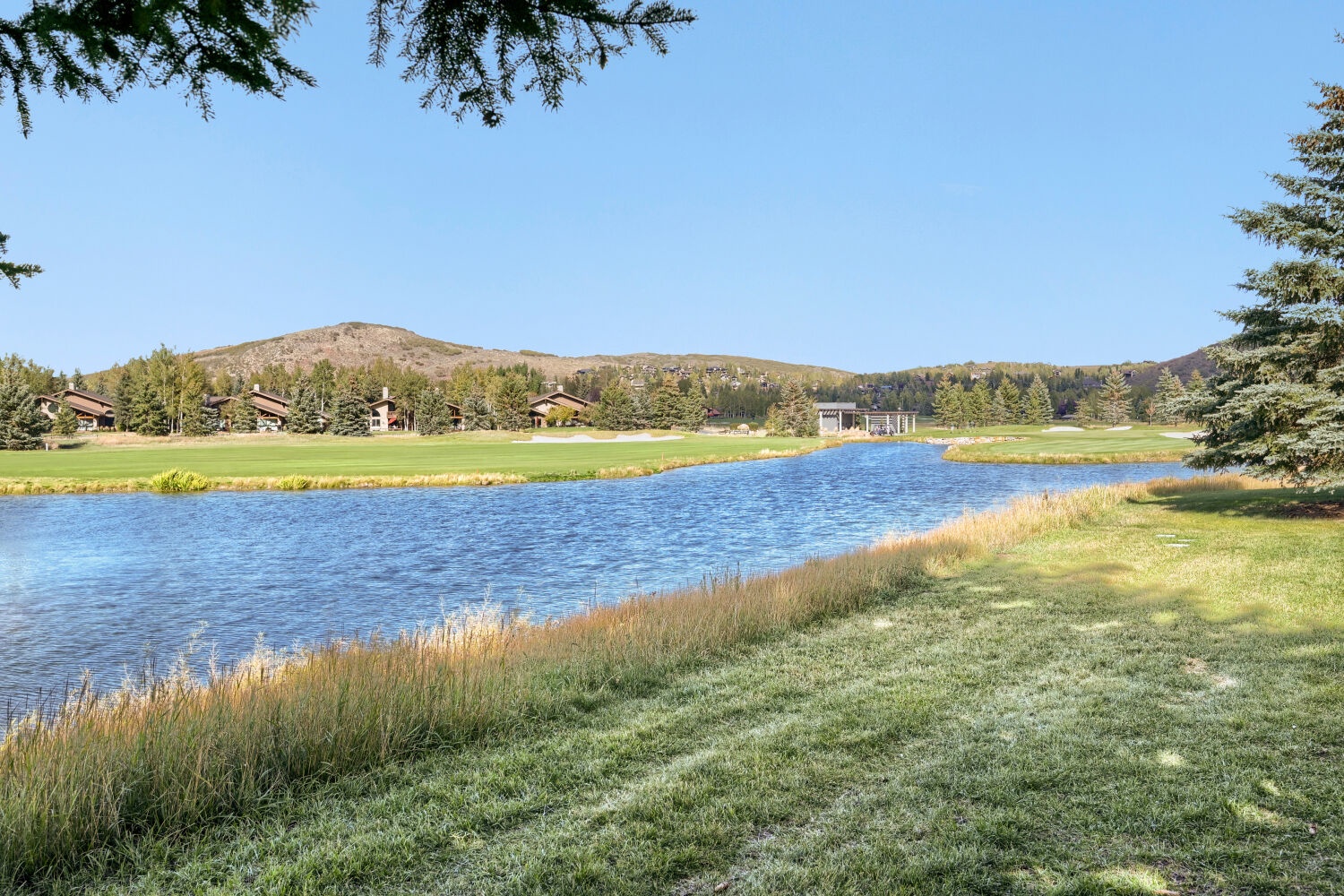 A tranquil pond and rolling mountain backdrop set the scene for this peaceful property location, framed by evergreens and open green spaces.
