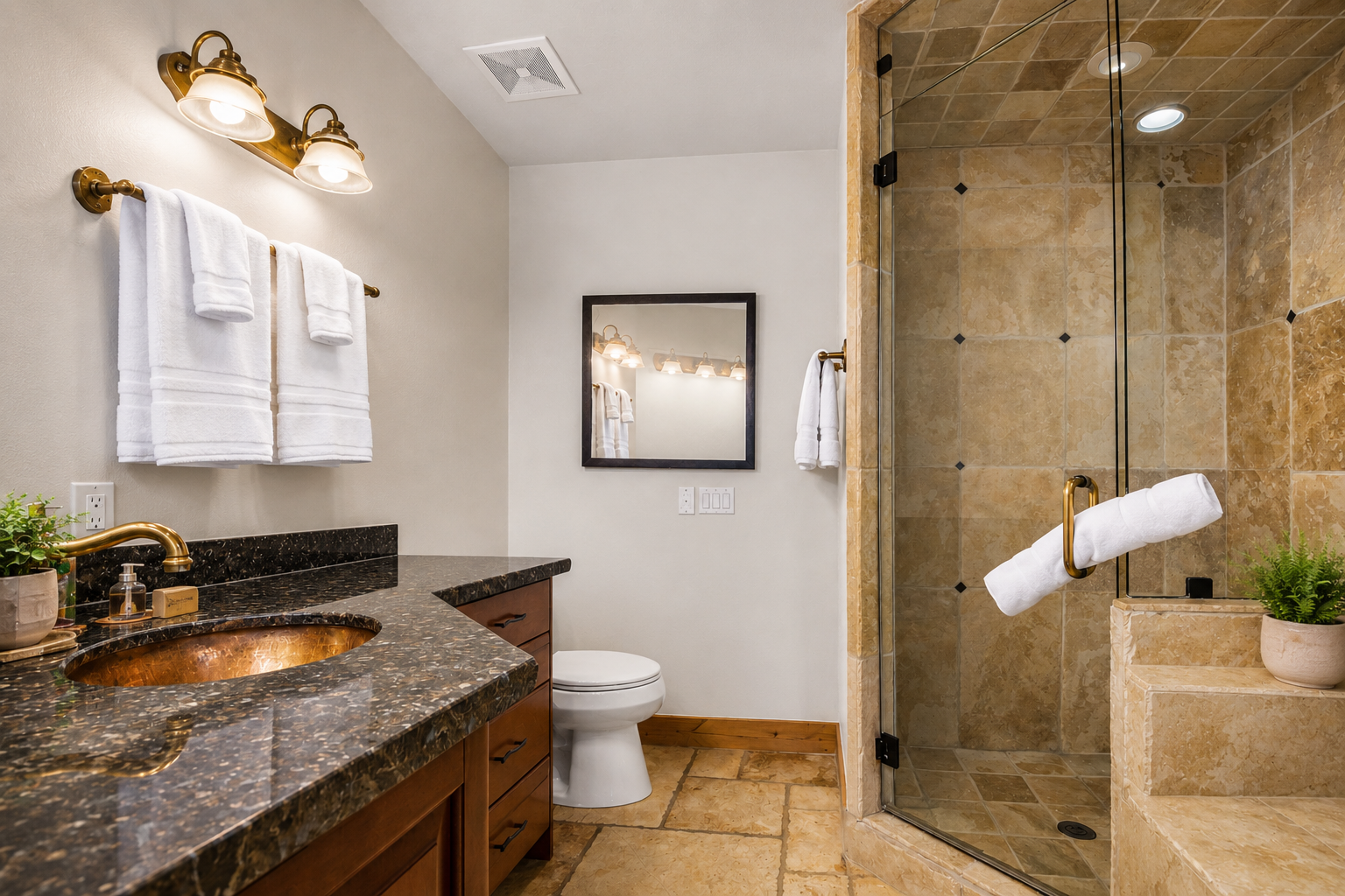 Your private spa-like retreat awaits with a spacious walk-in shower, elegant stone finishes, and gleaming granite countertops—the perfect place to refresh after a day exploring.