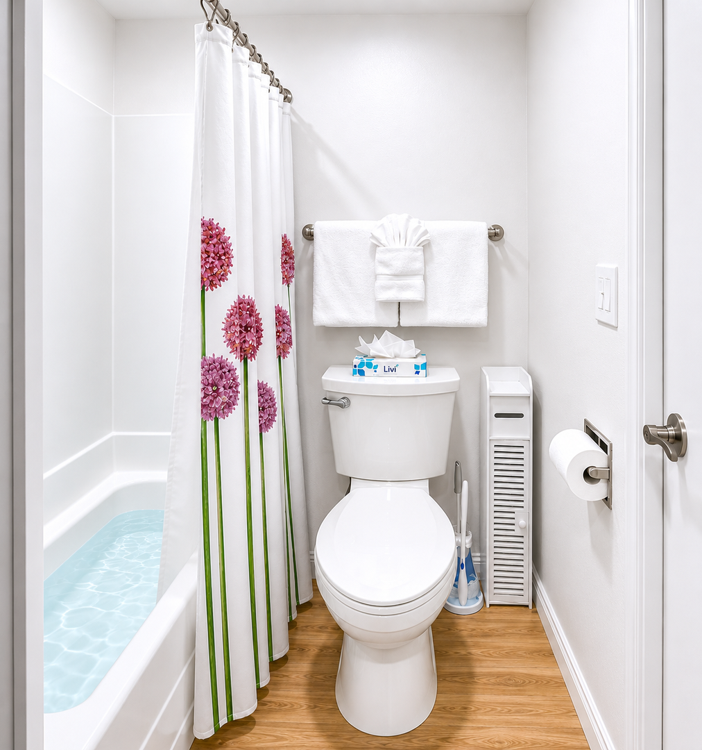Your private bathroom features crisp white linens, a sparkling tub-shower combo, and thoughtful amenities to refresh after exploring the area.