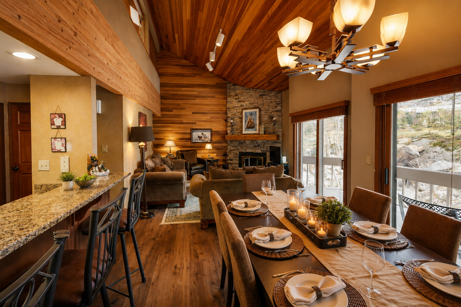 Gather around your private dining table while the fireplace crackles nearby, creating the perfect atmosphere for memorable mountain meals.
