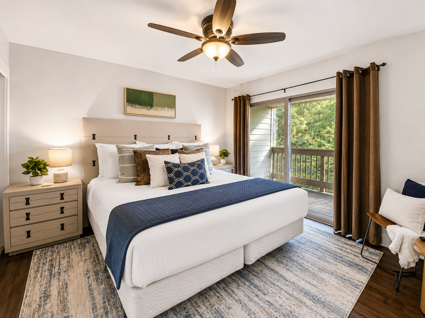 Step into your serene bedroom retreat with crisp linens, plush pillows, and a private balcony overlooking lush greenery—your perfect escape awaits.