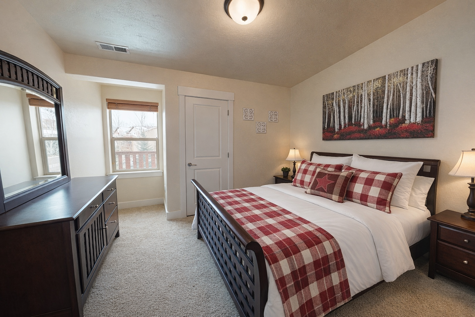 Stay in this mountain-inspired bedroom featuring a queen bed and cozy accents. Part of a luxury Park City townhome just 2 miles from the Canyons ski slopes.