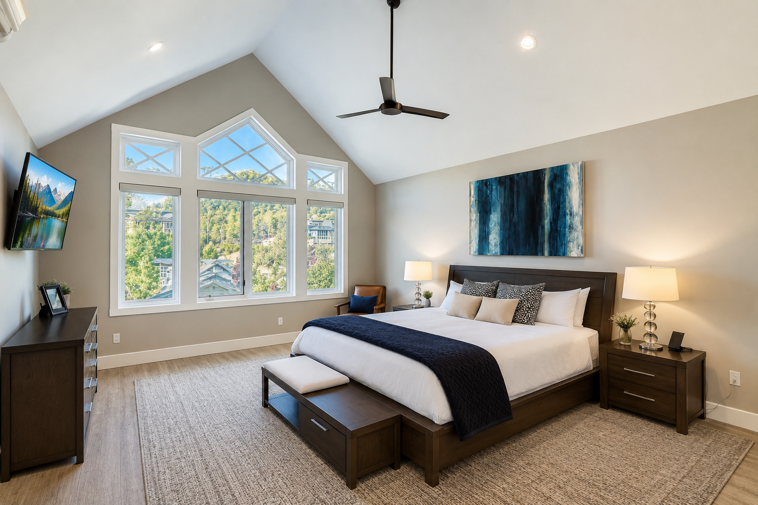 Your spacious bedroom offers soaring vaulted ceilings, elegant dark wood furnishings, and a calming color palette designed for rest and relaxation.