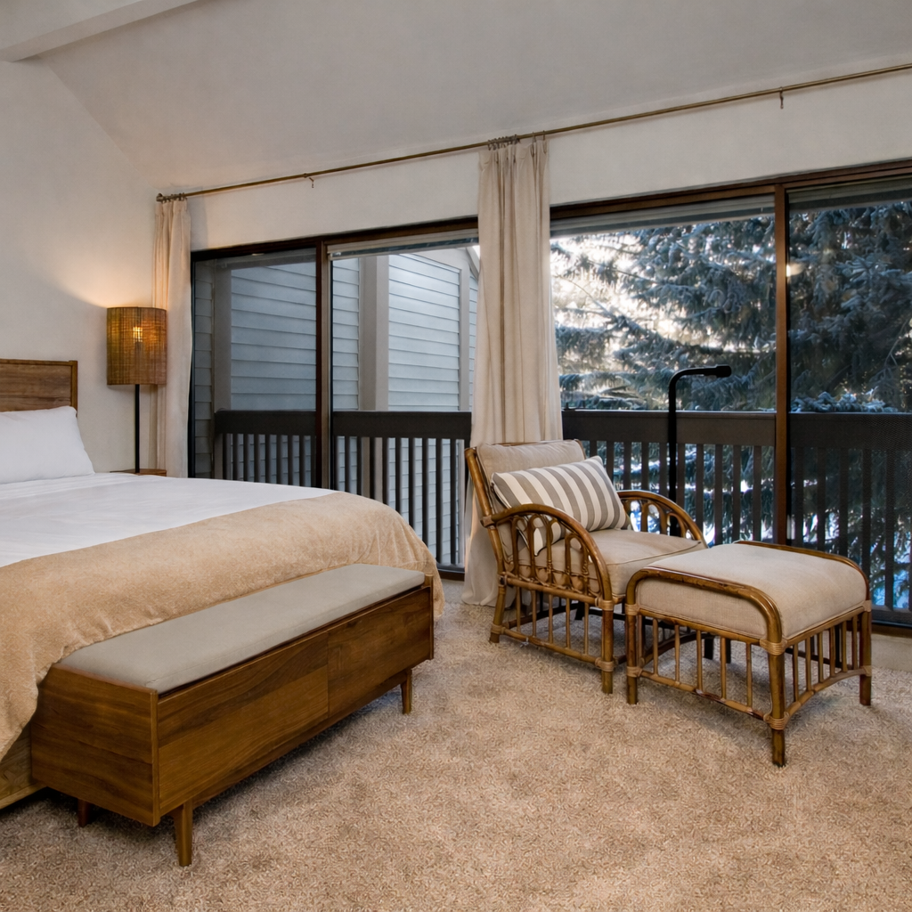 Unwind in your peaceful bedroom retreat with cozy seating by large windows overlooking tranquil trees.