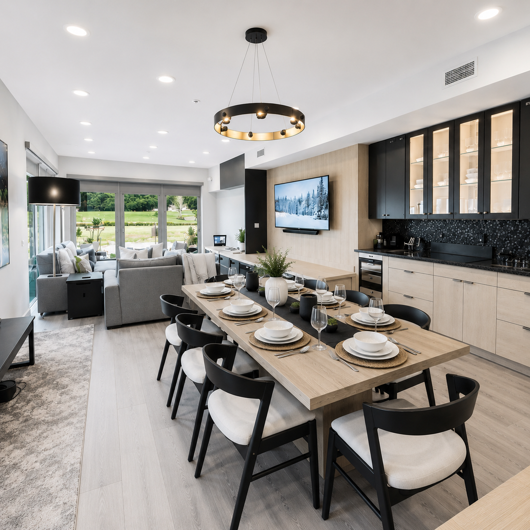 Gather around the elegant dining table, where modern design meets comfort. The open-concept layout flows into a stylish living area and sleek kitchen, creating your perfect space for memorable meals and relaxation.