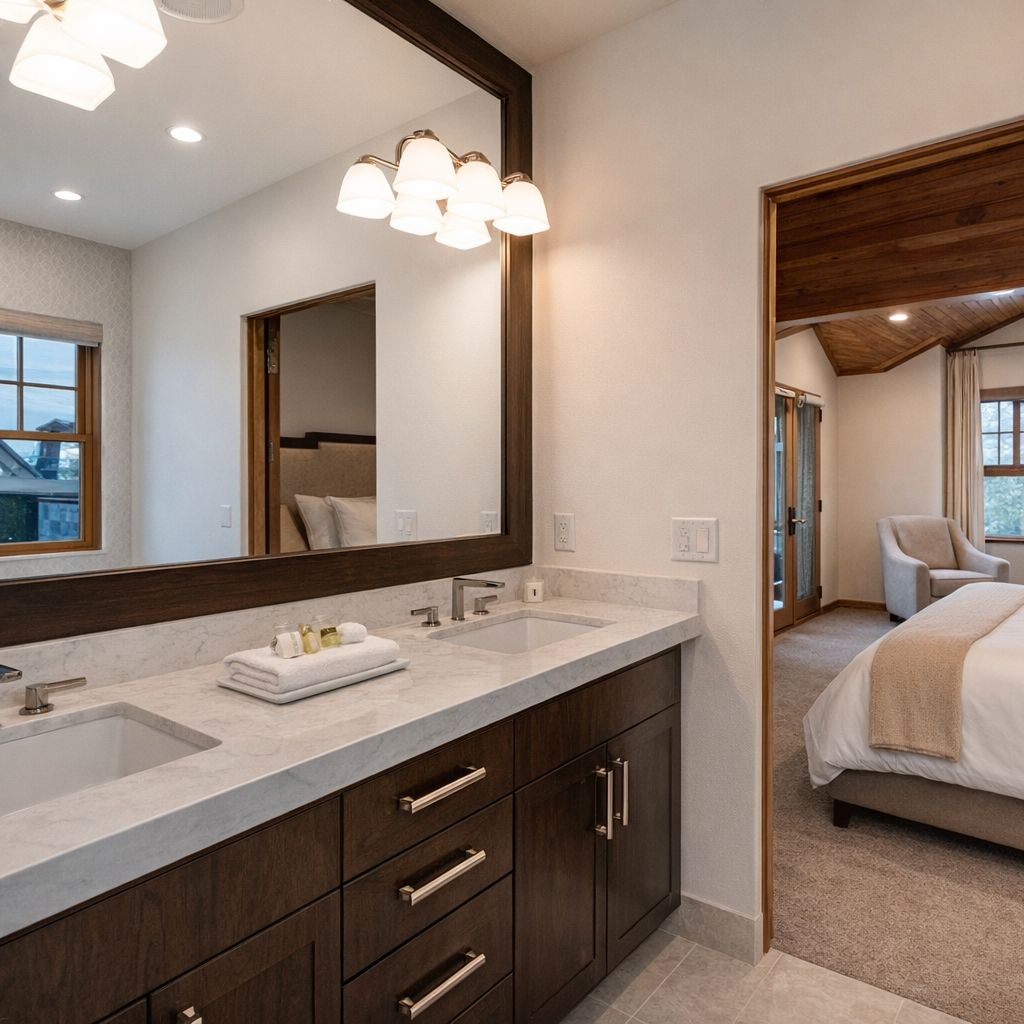 Refresh in your elegant ensuite bathroom featuring marble counters, dual sinks, and luxurious spa-quality amenities for your ultimate comfort.