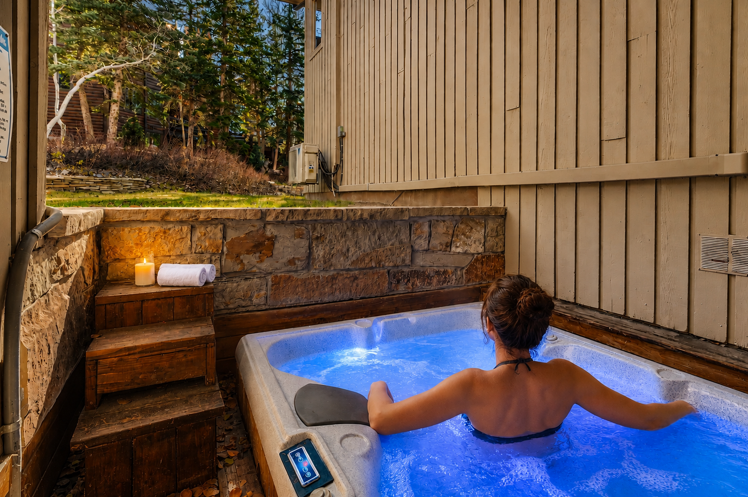 Soak your muscles in your private hot tub, surrounded by forest views and soft candlelight—your own slice of mountain serenity.