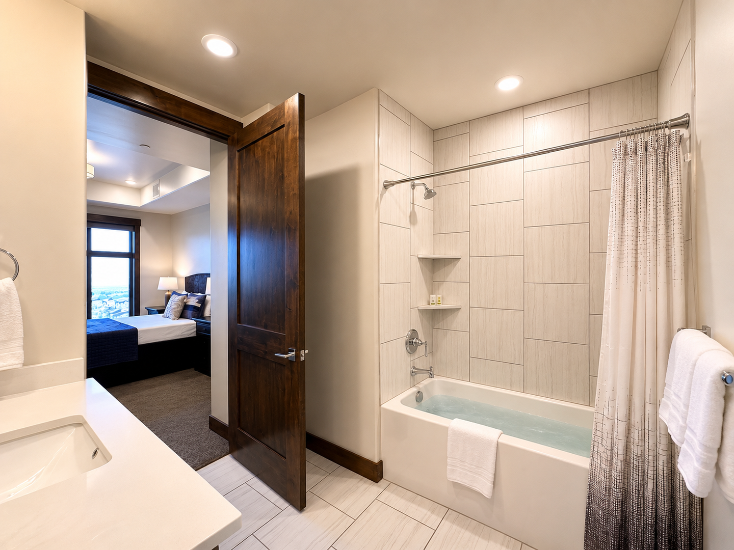 Enjoy this bright ensuite bathroom featuring a sleek tiled shower-tub combo, modern fixtures, and clean white finishes. Conveniently located just steps from the bed for a seamless, private experience.