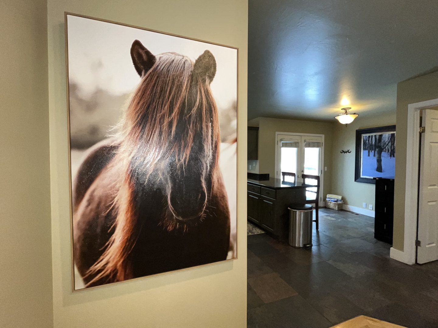 Add a touch of contemporary mountain style with this Equestrian Gaze canvas wall art. This striking, large-scale piece is hand-embellished and comes in a sleek oak floating frame.