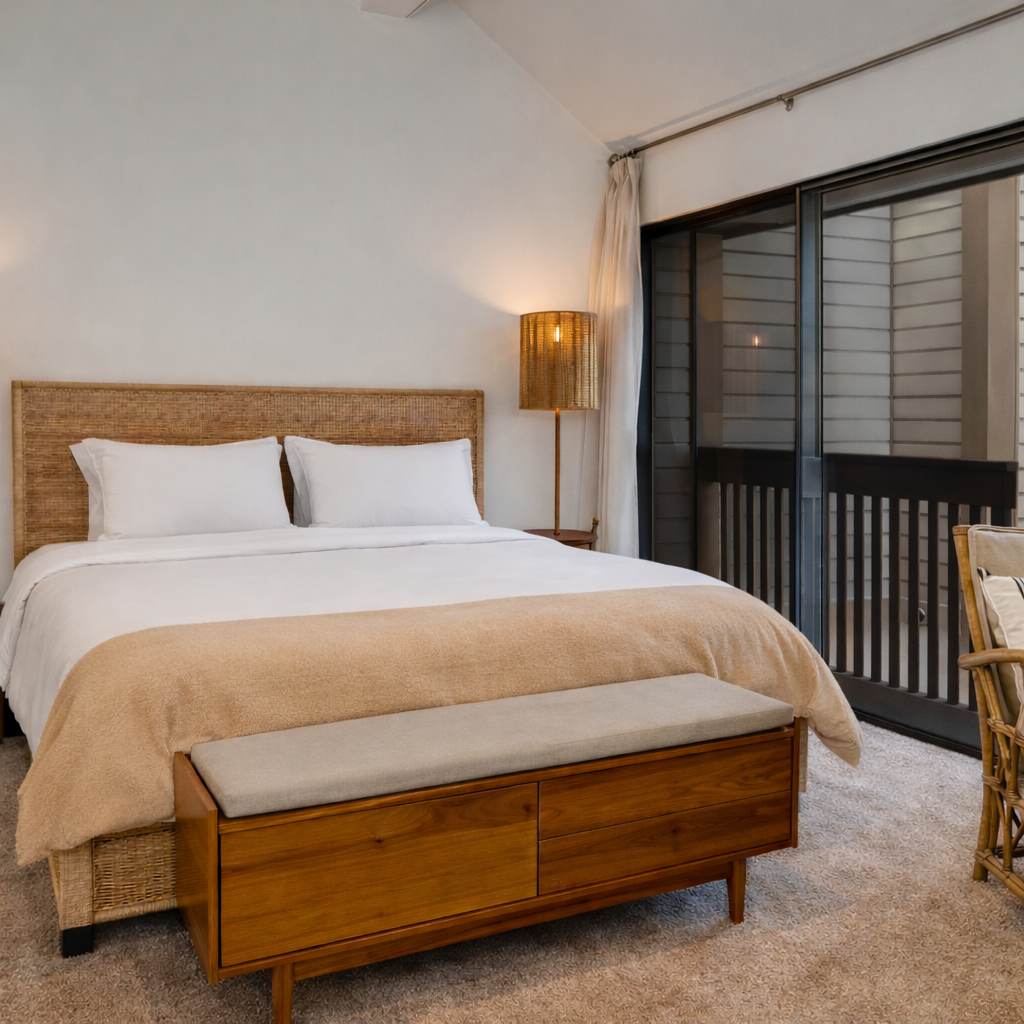 Retire to this quiet, modern bedroom featuring a comfortable king bed, soft lighting, and large glass doors for natural light.