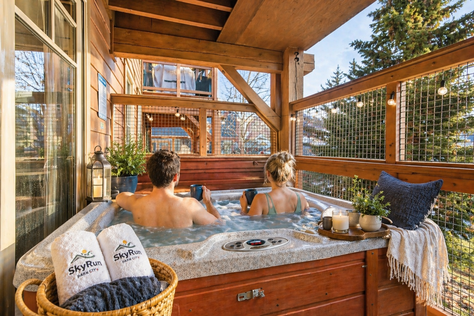 Soak in your private hot tub on the covered deck, surrounded by mountain views and evergreens. Candles, cozy throws, and the bubbling water create the perfect retreat after a day of adventure.