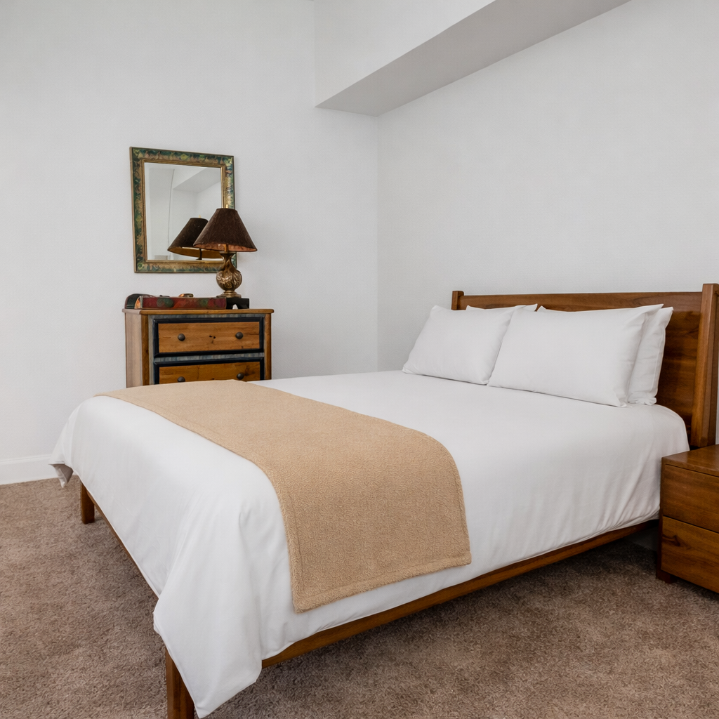 Sink into crisp white linens and warm wood tones in your second floor queen bedroom, where rustic charm meets modern comfort.