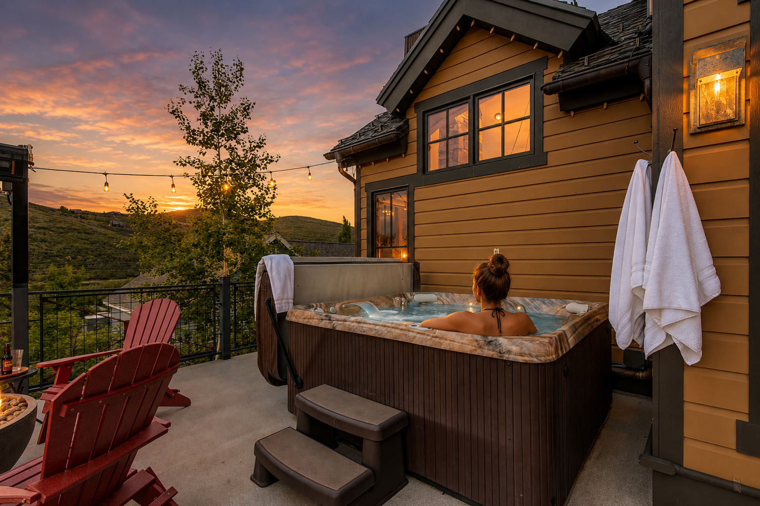 Soak in the hot tub as the sun sets over rolling hills, wrapped in soft towels and mountain serenity—your perfect evening retreat awaits.