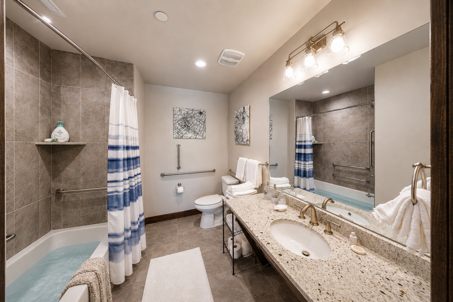 Your spacious bathroom features granite countertops, a luxurious soaking tub, and thoughtful accessibility features for ultimate comfort.