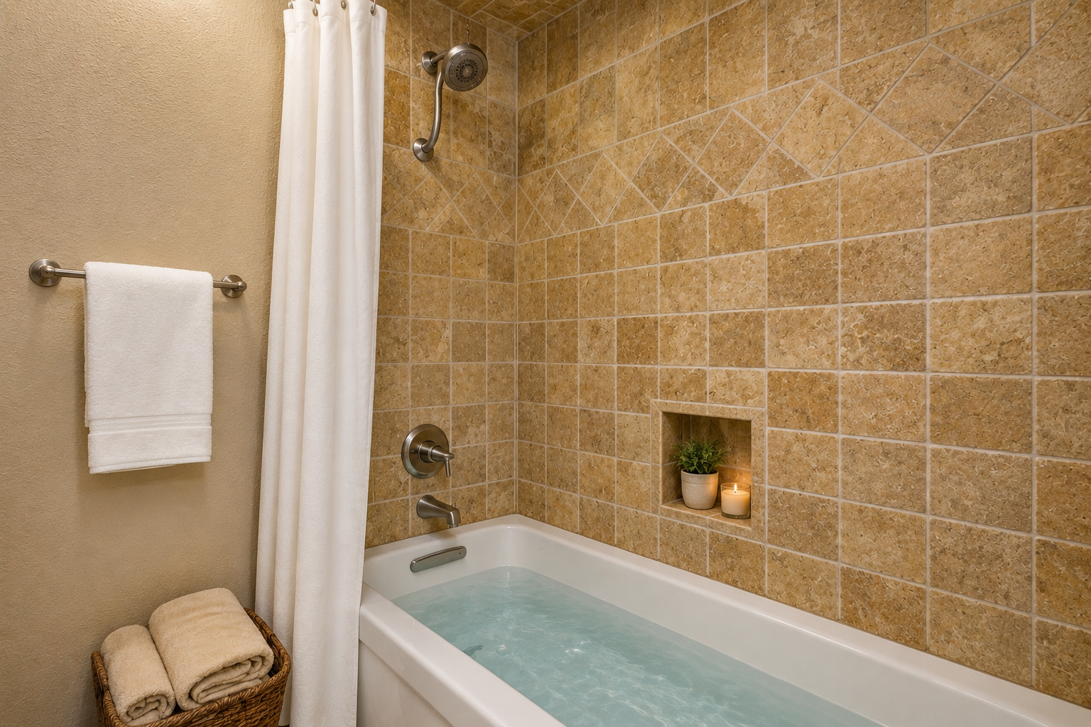 Unwind in your elegant tiled bathroom, featuring a spacious tub perfect for soaking after a day of adventure.