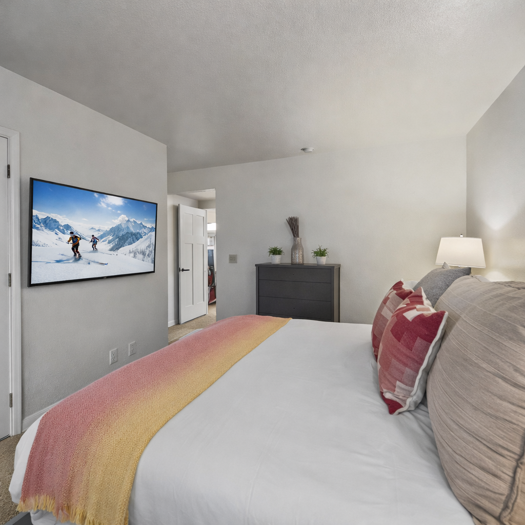 Unwind in your cozy bedroom with plush bedding, thoughtful decor, and a large TV for your favorite shows after a day of adventure.