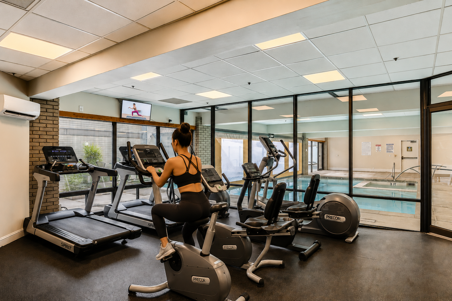 A gym room equipped with treadmills, exercise bikes, and ellipticals overlooks an indoor swimming pool through floor-to-ceiling glass windows. The room has a brick accent wall and overhead lighting.