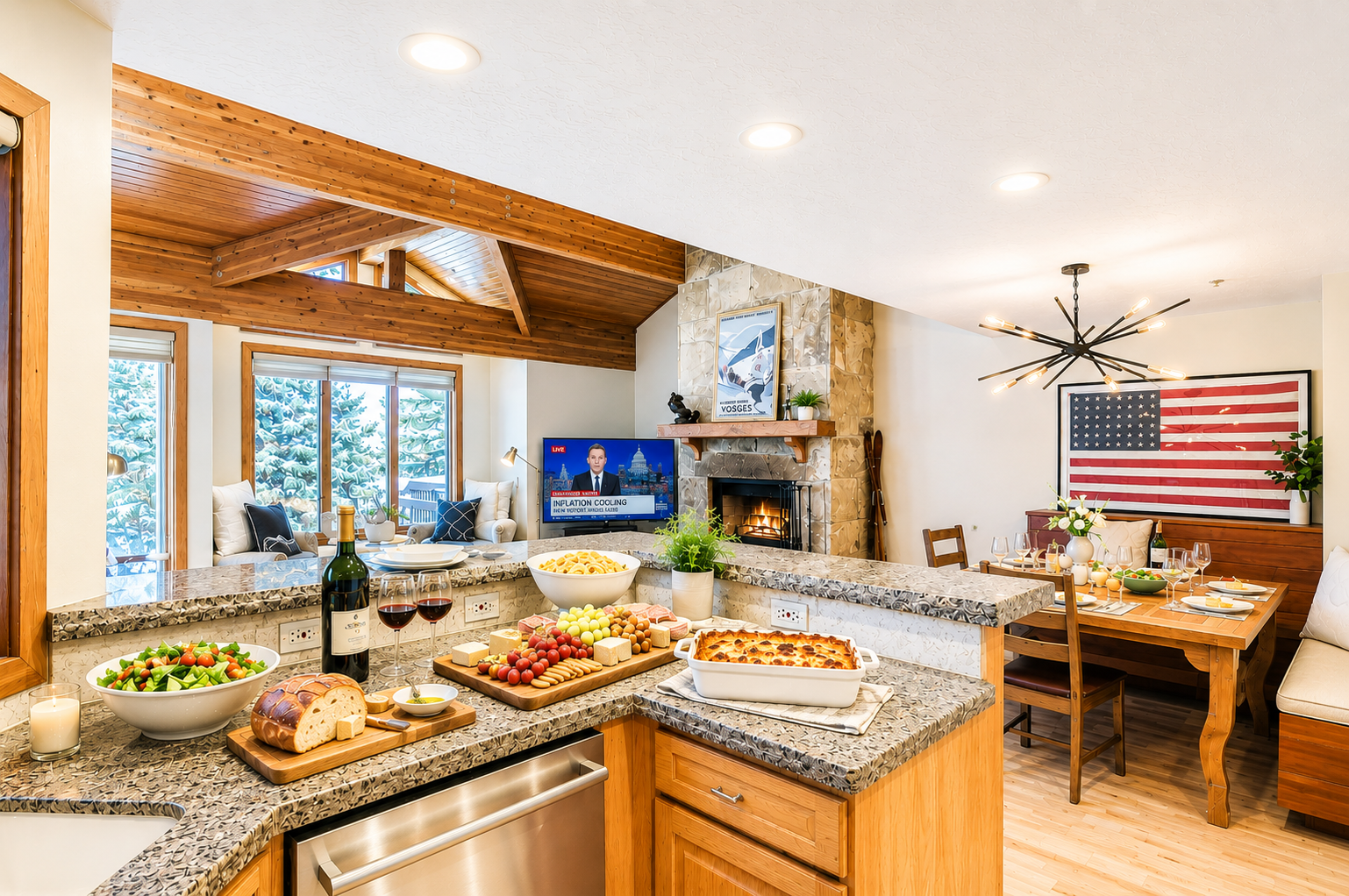 Gather with loved ones in your open-concept living space, where the stone fireplace, chef's kitchen, and mountain-view windows create the perfect setting for memorable meals and cozy evenings.