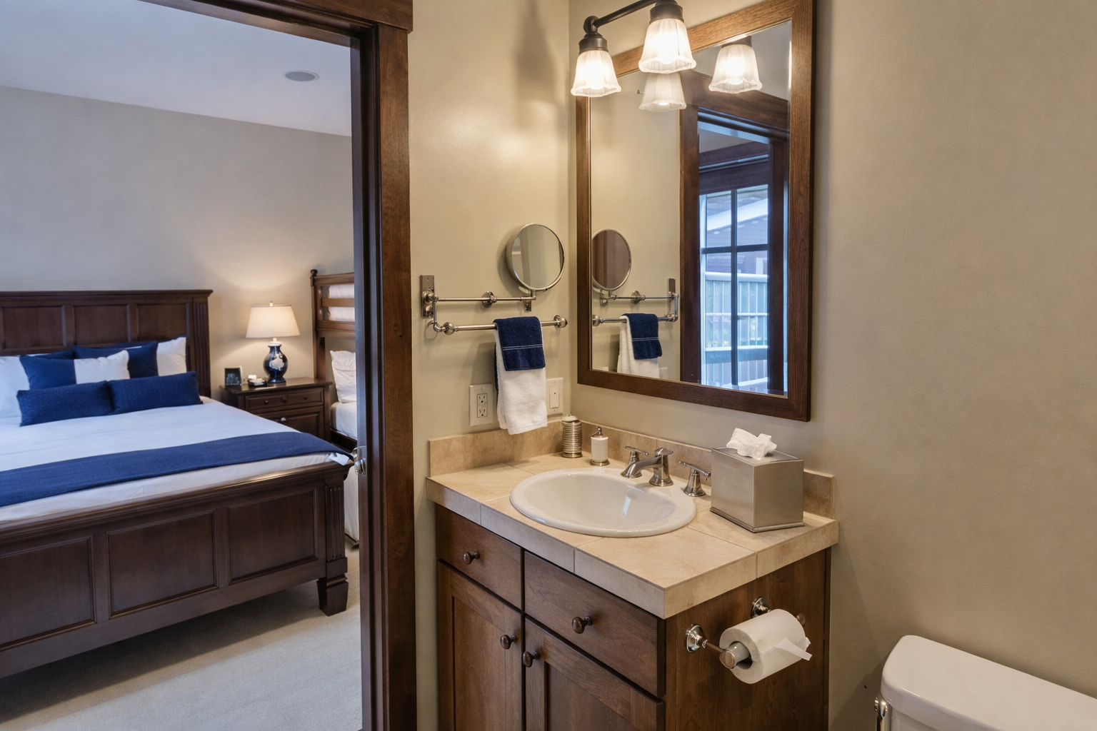 Step into your private bathroom featuring warm wood vanity, elegant lighting, and thoughtful amenities. Fresh towels await your arrival.