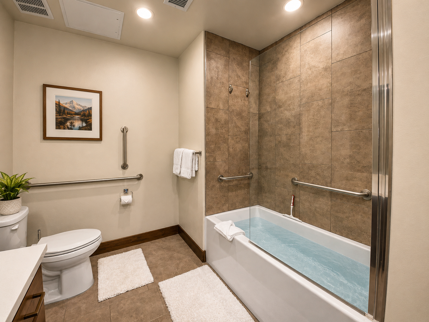 Refresh in this modern primary ensuite featuring a spacious double vanity with granite countertops and dark cabinetry. A bright and airy sanctuary designed for your ultimate comfort.