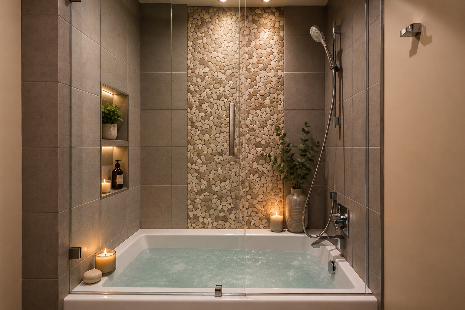 Refresh in this modern bathroom featuring a sleek bathtub, clear glass enclosure, and unique pebble tile accent wall. A stylish space to unwind after a day exploring Park City.