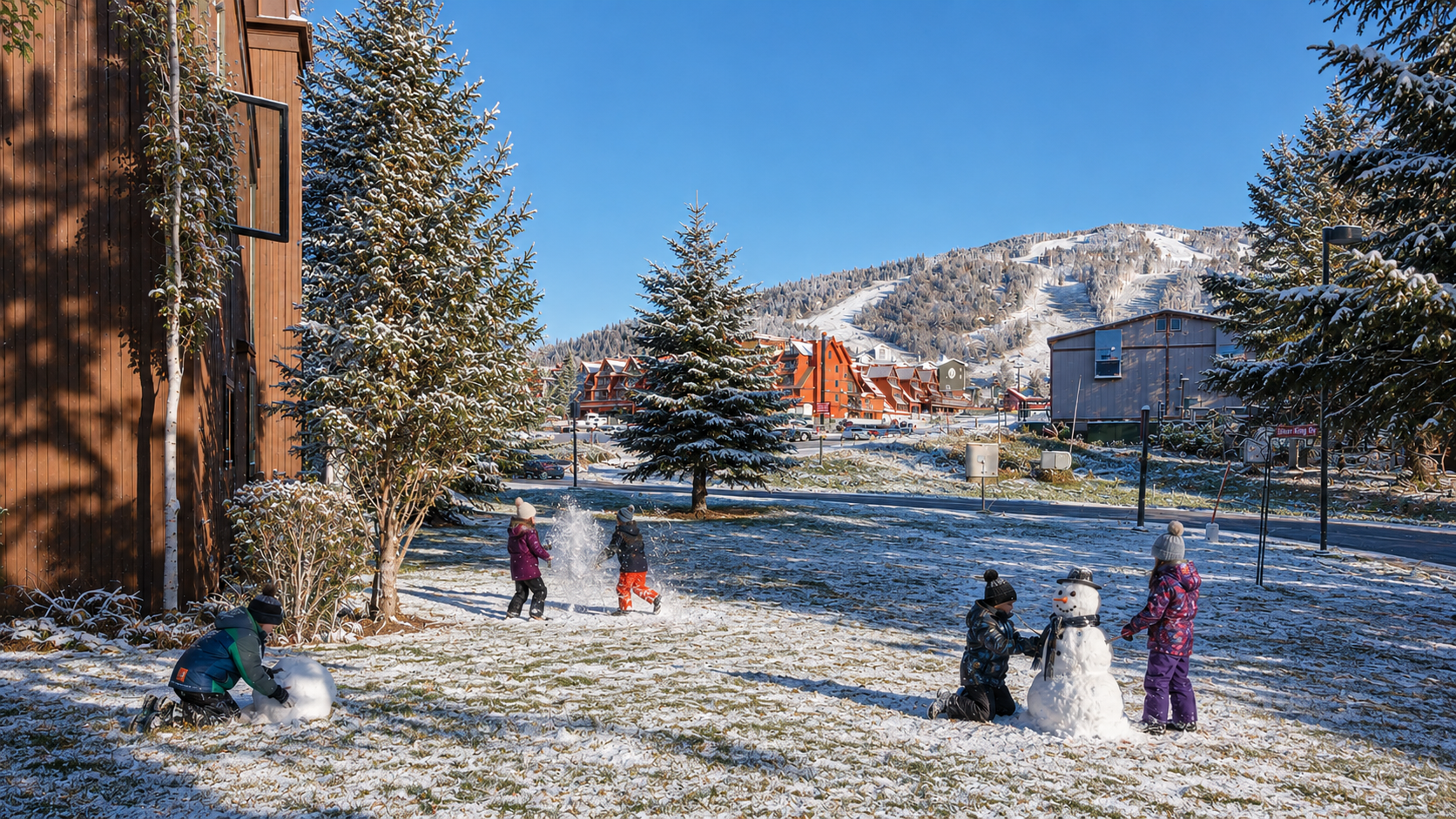 Winter wonderland awaits, with ski slopes and snow-covered evergreens forming a picture-perfect backdrop to your mountain getaway.