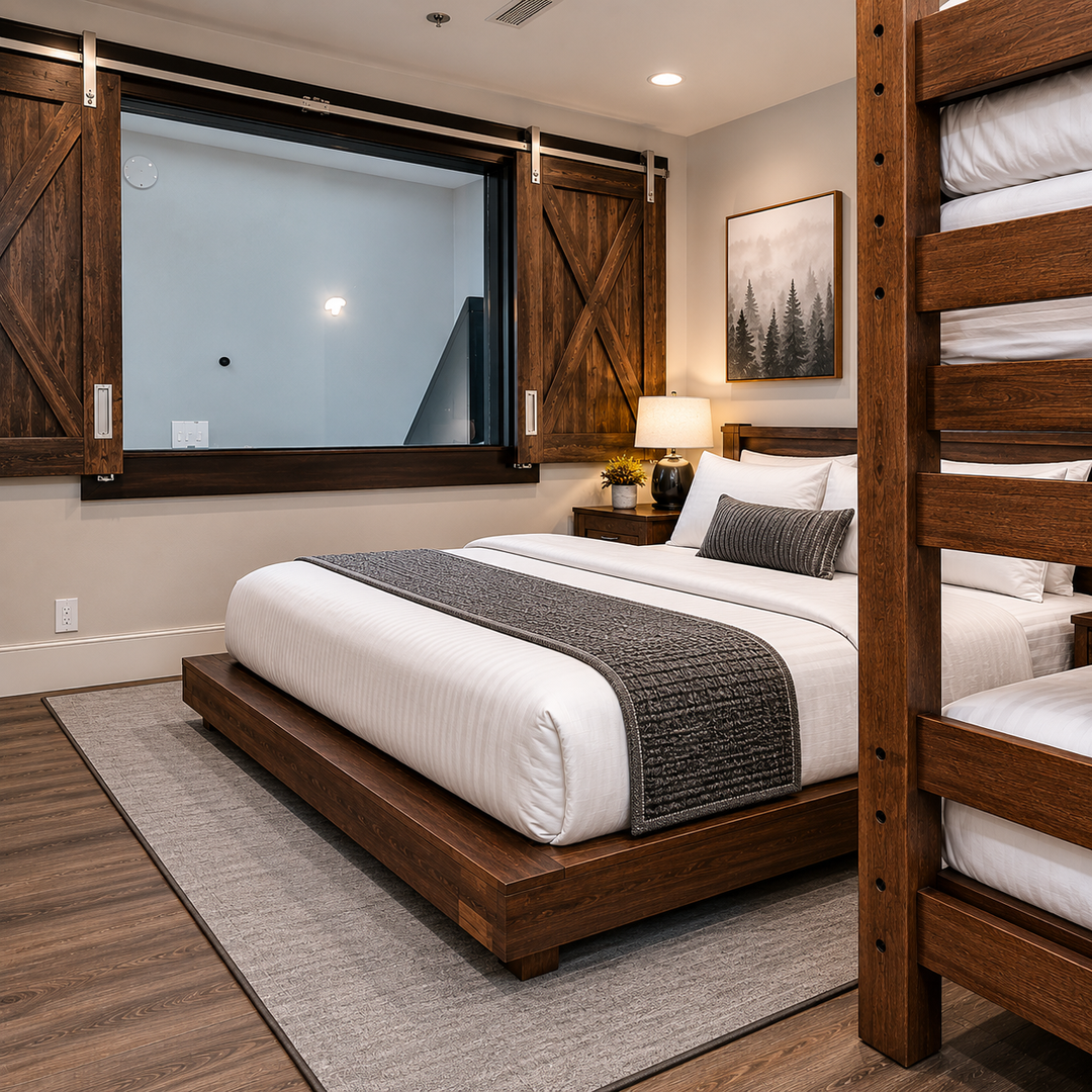Rest comfortably in your custom bunk room with premium linens and rustic barn doors for privacy.