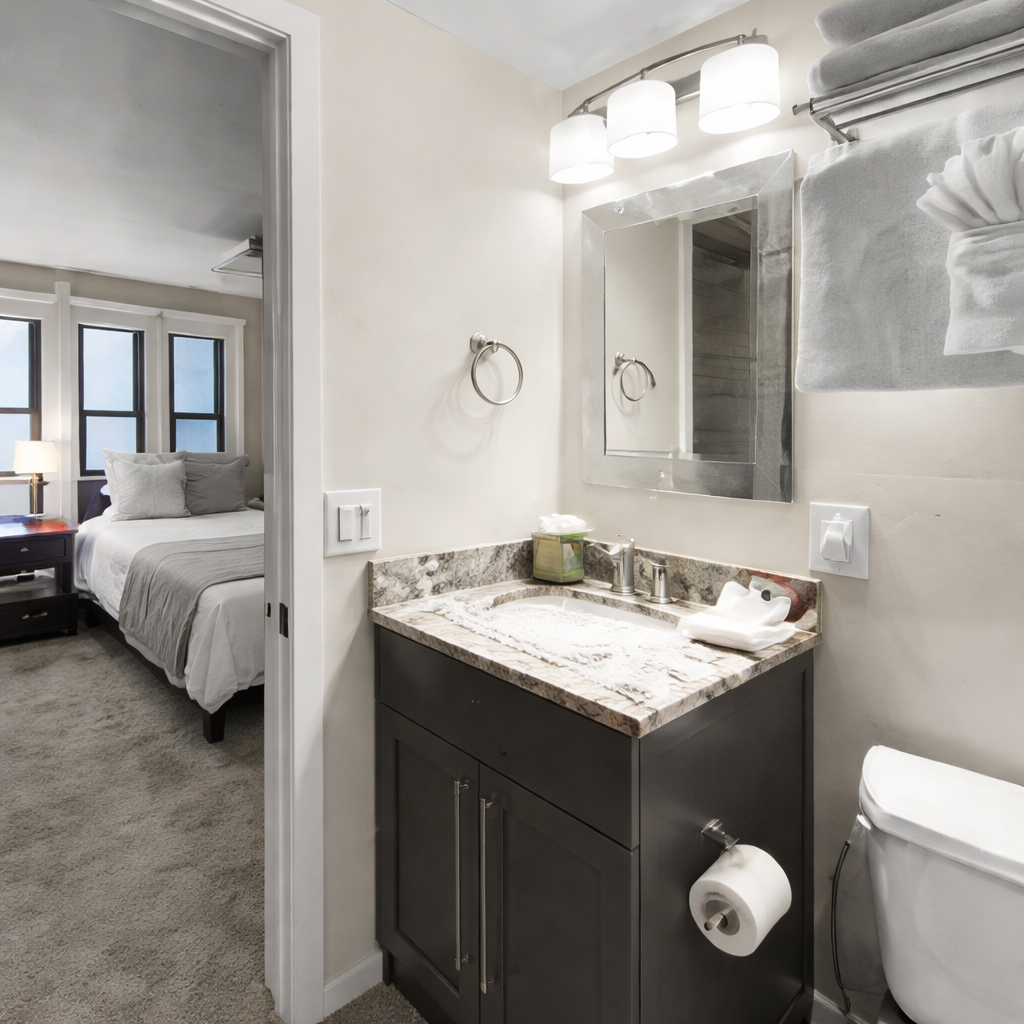 Your stylishly appointed bathroom features granite countertops and modern vanity lighting, with your comfortable bedroom just steps away for ultimate convenience.