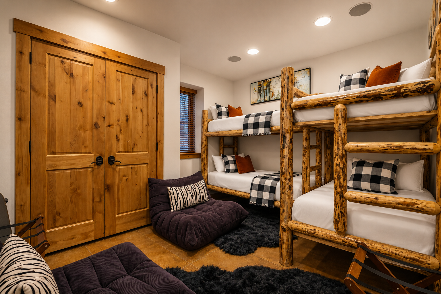 Rustic log bunk beds with soft plaid bedding create your perfect mountain retreat sleeping space.