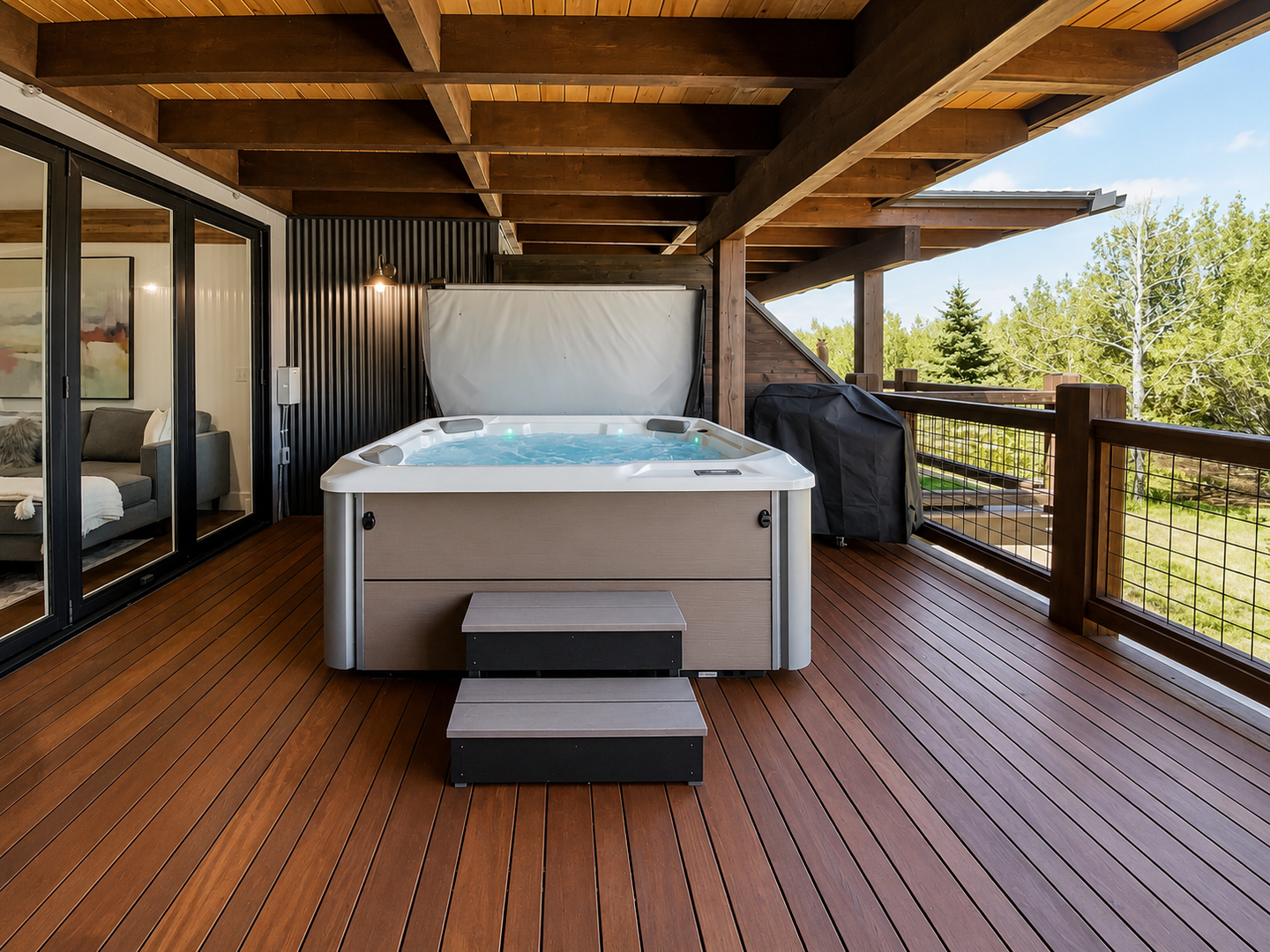 Soak under the stars in your private outdoor hot tub on the deck. Perfect for relaxing and unwinding after a day of mountain adventures.