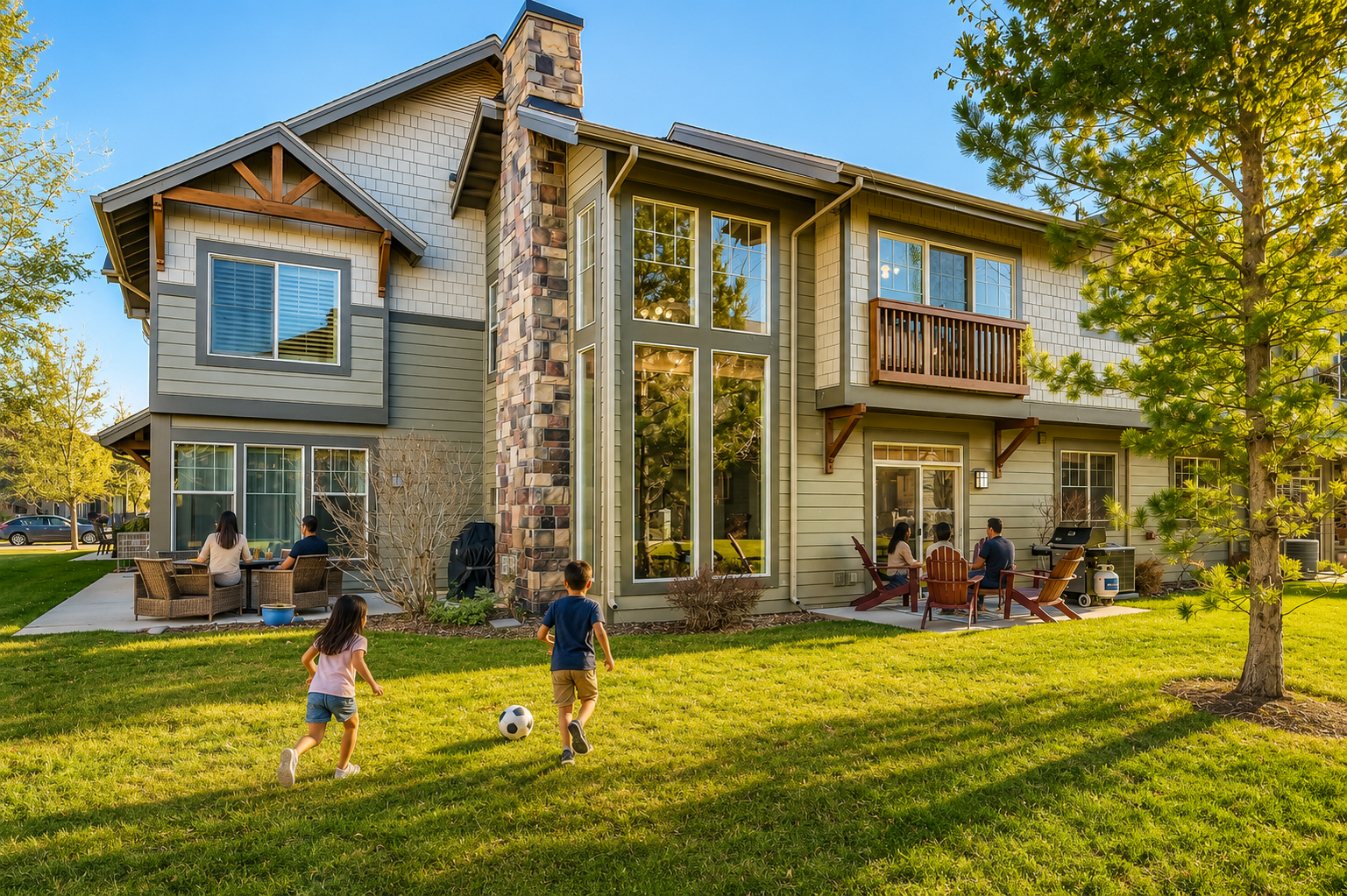 A charming two-story retreat with a spacious lawn where children play soccer, adults relax on the patio, and soaring windows frame mountain views under a blue sky.
