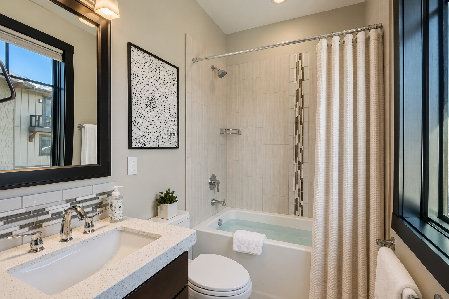 Refresh in this bright, modern main floor bathroom featuring a clean tub/shower combo and stylish dark wood vanity. A functional, well-lit space designed for a comfortable and inviting guest experience.