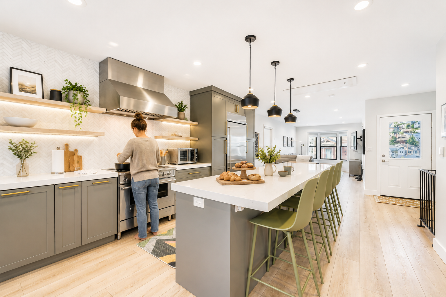 Your modern kitchen features a spacious island for gathering, stylish pendant lighting, and open shelving that adds warmth. Everything you need to cook and connect is right here.