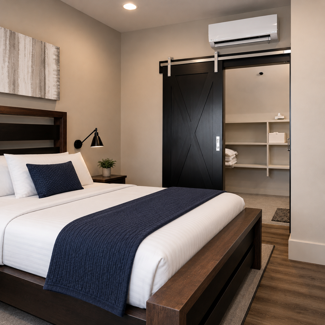 Stylish suite for your escape! Enjoy a king bed, modern design, and a barn door closet in this sleek mountain getaway.