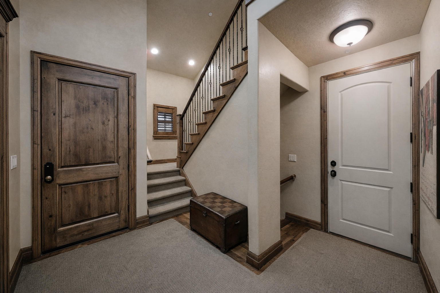 This welcoming entryway features plush carpeting, warm wood accents, and a convenient storage bench. The bright, open staircase and modern neutral tones offer a clean, inviting start to your stay.