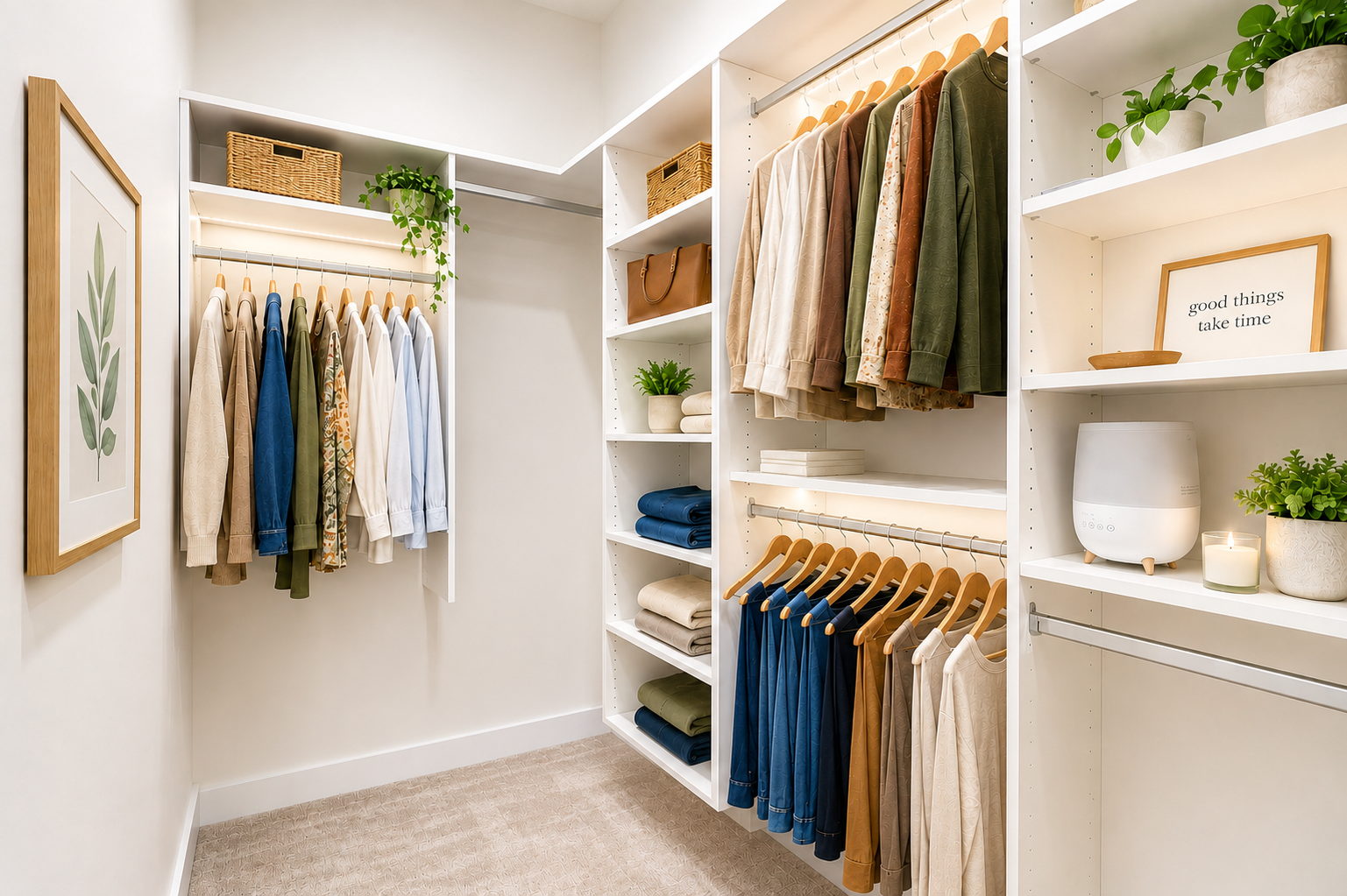 Your spacious walk-in closet offers custom shelving, hanging rods, and thoughtful storage for unpacking and staying organized throughout your trip.