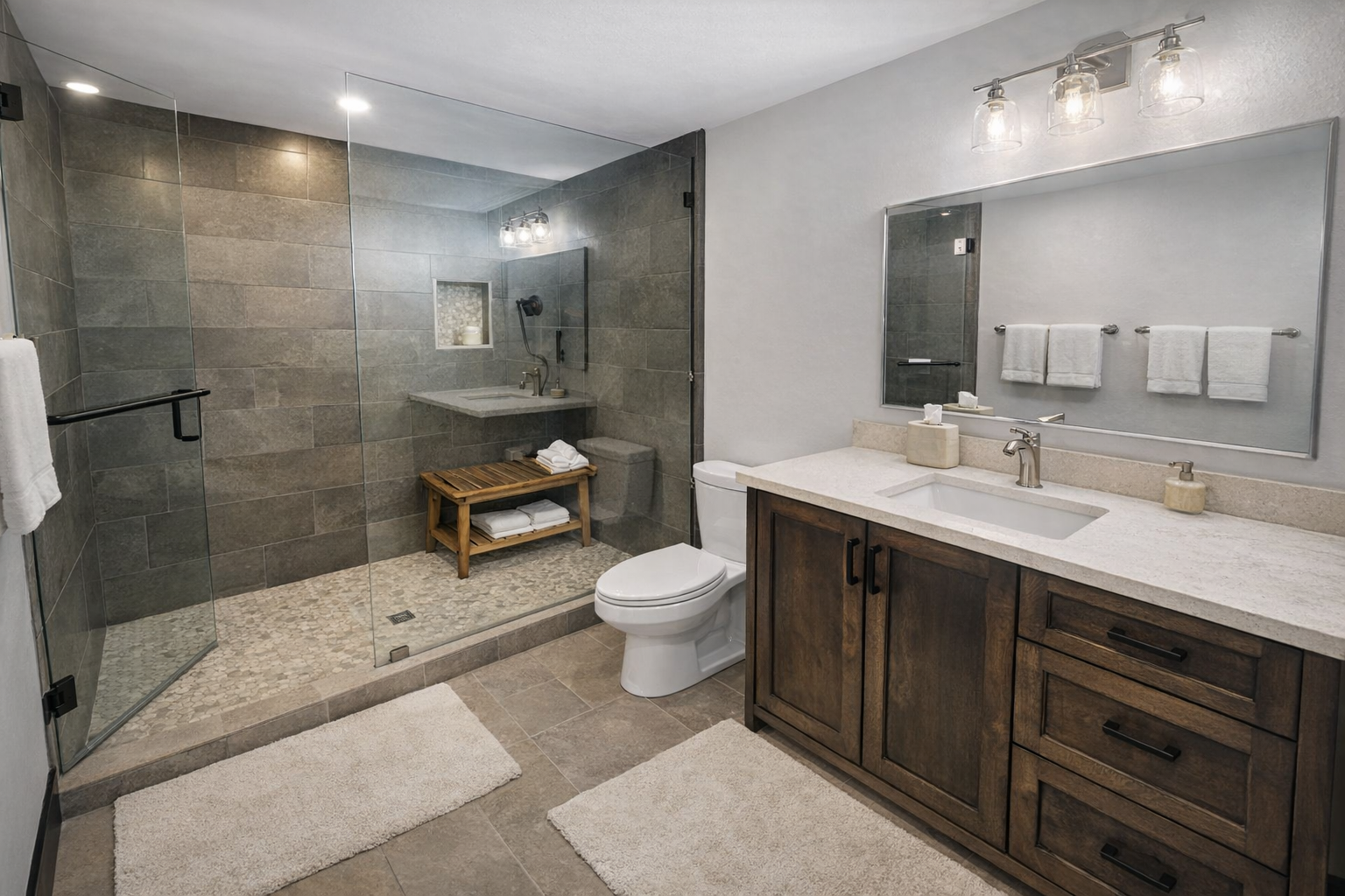 Unwind in your spa-like bathroom with a luxurious walk-in shower, sleek vanity, and plush towels waiting for your arrival.