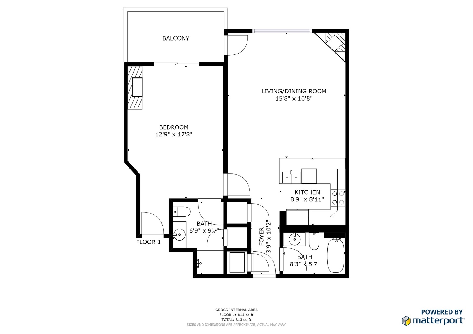 Black and white floor plan of a one-bedroom apartment. Includes a bedroom, living/dining room, kitchen, two bathrooms, and a balcony. Gross internal area is 1017 sq. ft. Powered by Matterport.