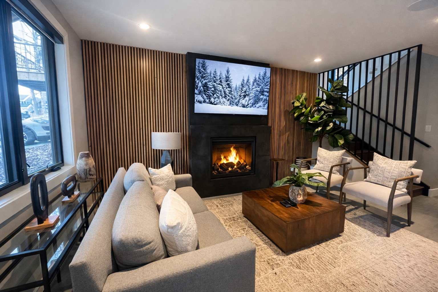 Unwind by your cozy fireplace with a warm glow dancing across plush seating, while winter scenes play on the big screen above.