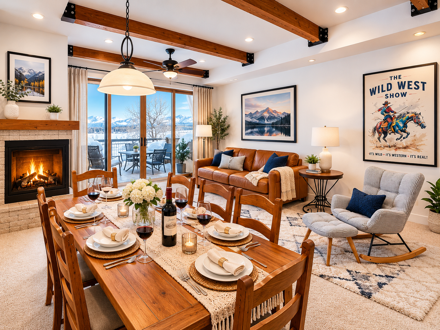 Picture yourself here: crackling fire, cozy seating, and stunning mountain views through your balcony doors. A warm, inviting space where every detail says welcome home after a day of adventure.
